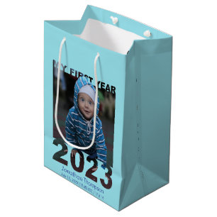 Sacola Para Presentes Média O Meu Primeiro Ano 2023 - Azul Foto do Bebê Modern