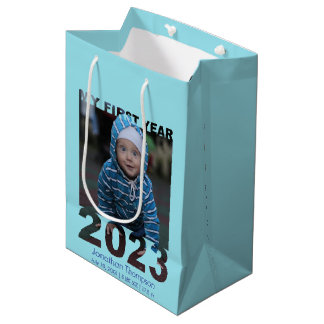 Sacola Para Presentes Média O Meu Primeiro Ano 2023 - Azul Foto do Bebê Modern