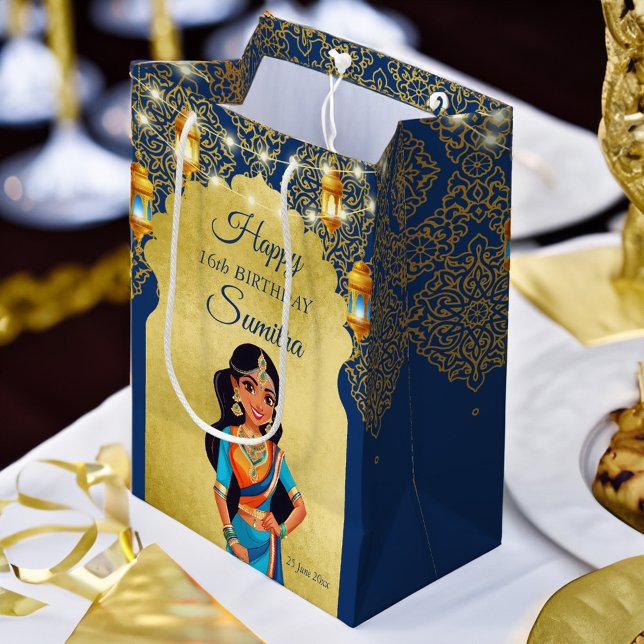Sacola Para Presentes Média Obrigado de festa de aniversario de meninas índia  (Indian style girls birthday party thank you favor gift bag personalized printed gift bag blue gold)