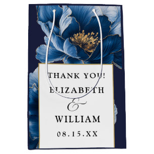 Sacola Para Presentes Média Obrigado Moderno de Casamento Floral Azul Marinho 