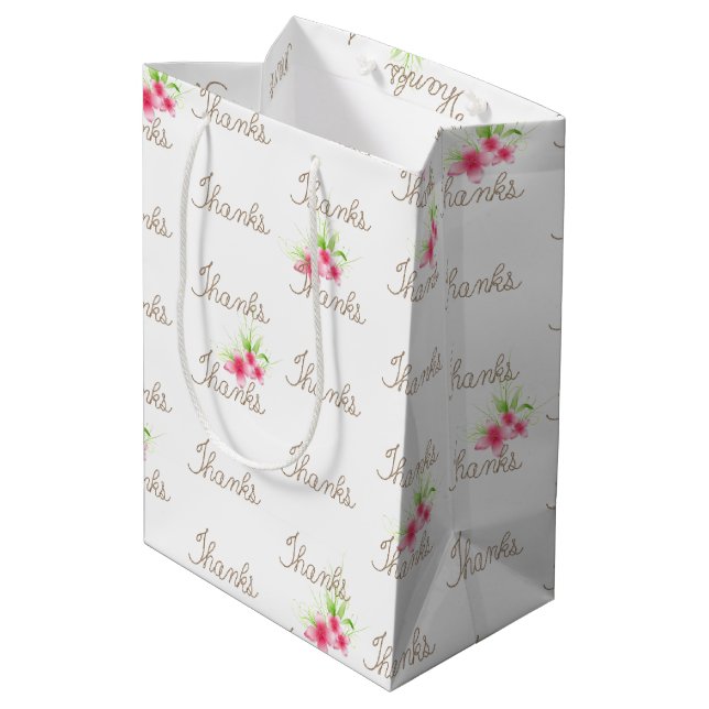Sacola Para Presentes Média Obrigado Texto com Flores Rosa (Verso inclinado)