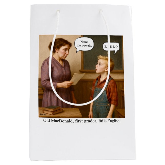 Sacola Para Presentes Média Old MacDonald, first grader, fails English. (Frente)