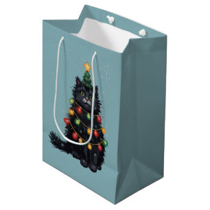 Sacola Para Presentes Média Óleo em tela de árvore de Natal de gato preto alte
