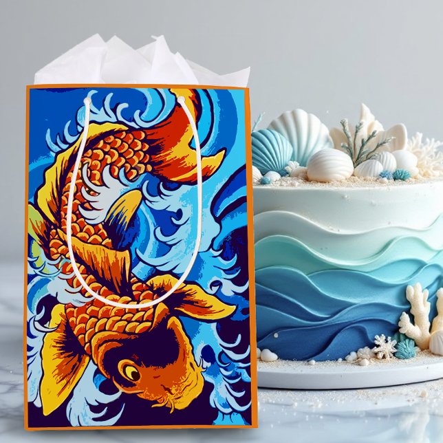 Sacola Para Presentes Média Orange Koi Fish Blue (Criador carregado)