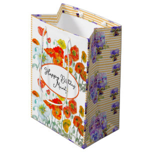 Sacola Para Presentes Média Orange Poppy floral Flor Watercolor Womans Name