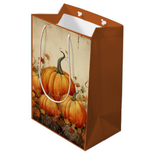 Sacola Para Presentes Média Orange Pumpkins Rustic Autumn
