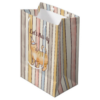 Sacola Para Presentes Média Orange Watercolor Cat, Pink, Yellow, Blue Stripes