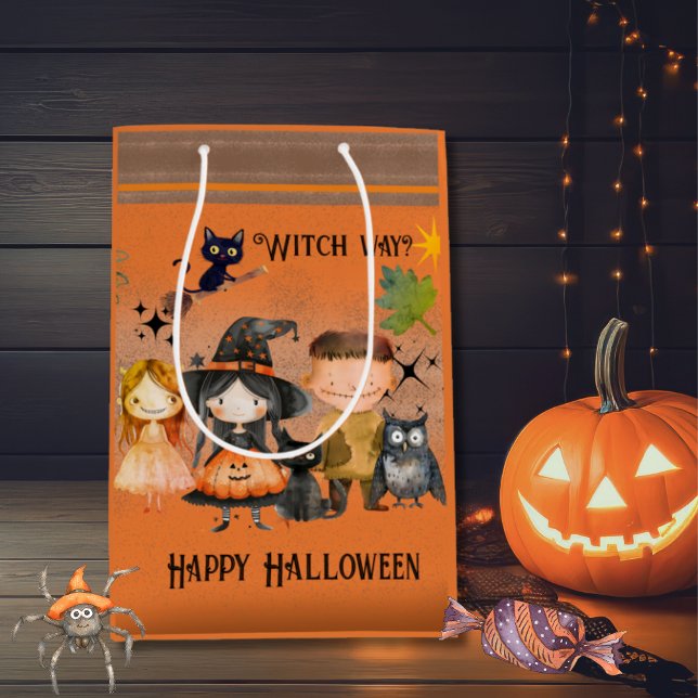 Sacola Para Presentes Média Orange Witway Halloween (Happy Halloween Cute Monsters Party Medium Gift Bag)