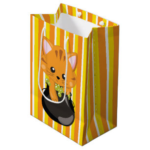 SACOLA PARA PRESENTES MÉDIA ORANGE YELLOW WHITE STRIPES & CUTE ORANGE CAT