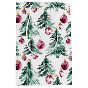 Sacola Para Presentes Média Ornamentos de Árvores de Natal Verde Borgonha