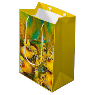 Sacola Para Presentes Média Orquídeas Amarelas Magicas Douradas Faíscas Estrel