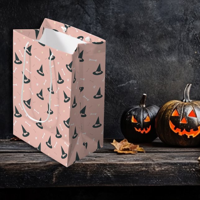 Sacola Para Presentes Média Ossos cor-de-rosa do Halloween Kawaii (Cute Halloween pink bones Kawaii Medium Gift Bag)