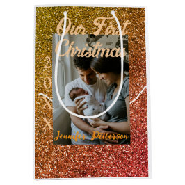 Sacola Para Presentes Média Our first Christmas orange red glitter photo year