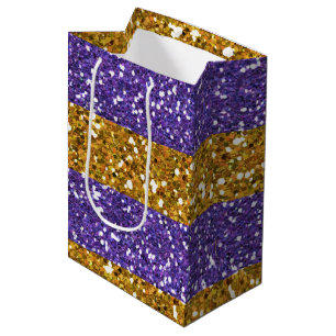 Sacola Para Presentes Média Ouro e listras roxas do brilho impressos