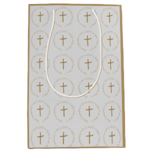 Sacola Para Presentes Média Ouro Elegante Personalizado Palma Cruzada Religios