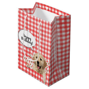 Sacola Para Presentes Média Ouro em margarida em gingham vermelho