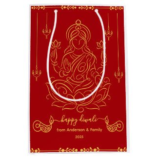 Sacola Para Presentes Média Ouro Line Art of Goddese Lakshmi on Lotus