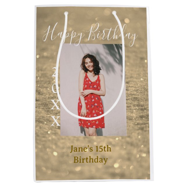 Sacola Para Presentes Média Ouro reluzente feliz 15 de aniversário nome ano (Frente)