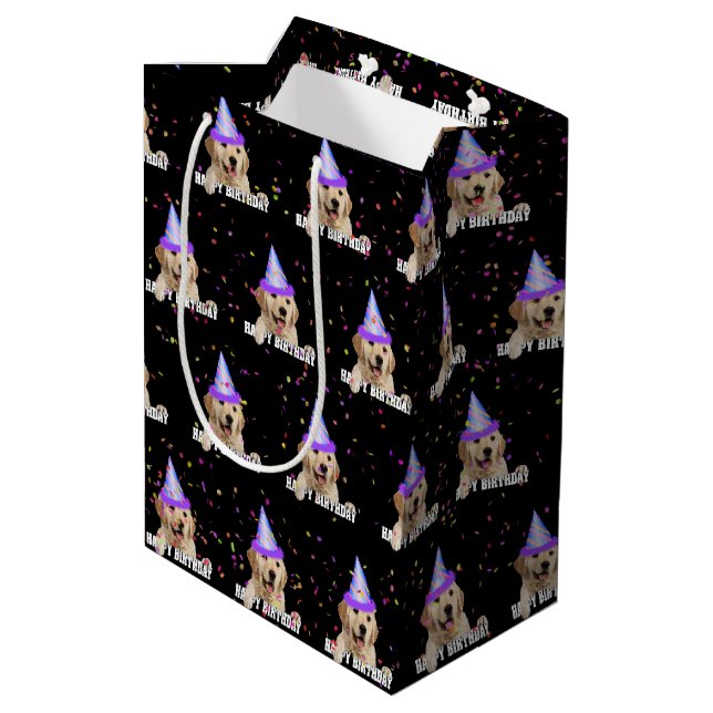 Sacola Para Presentes Média Ouro Retriever aniversário com confetti (Verso inclinado)