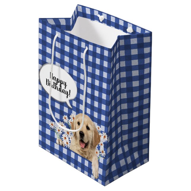 Sacola Para Presentes Média Ouro Retriever em margarida azul (Frente inclinada)
