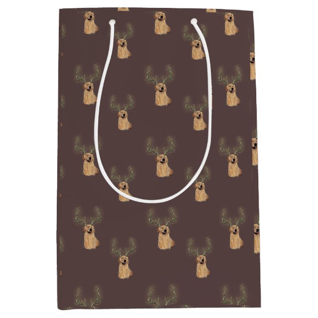 Sacola Para Presentes Média Ouro Retriever Natal Antler Gift Bag (Frente)