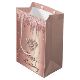 Sacola Para Presentes Média Ouro Rosa Gotejando Glitter & Diamante Aniversário