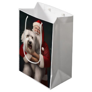 Sacola Para Presentes Média Ovelha Cachorro Inglês com Papai Noel Festivo