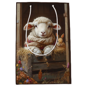 Sacola Para Presentes Média Ovelhas e coelhos em celeiro com flores