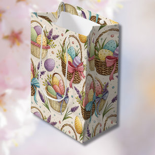 Sacola Para Presentes Média Ovos de Páscoa em Cesto de Vime com Lavanda