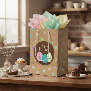 Sacola Para Presentes Média Ovos Felizes de Páscoa Bolinhas Em Papel Kraft Fal
