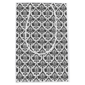 Sacola Para Presentes Média Padrão Clássico de Têxtil Damask Preto e Branco
