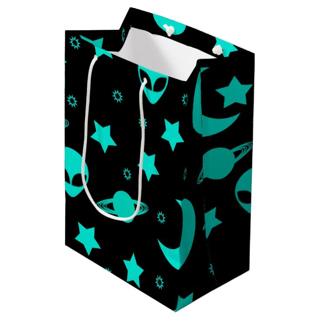 Sacola Para Presentes Média Padrão de Alien Turquesa com Estrelas e Luas (Frente inclinada)