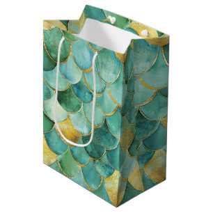 Sacola Para Presentes Média Padrão de Aqua Sereia de Escala de Água Dourada