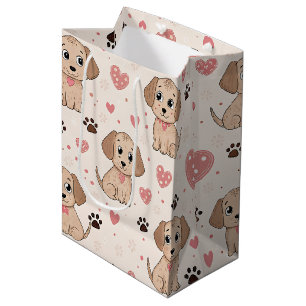 Sacola Para Presentes Média Padrão de aquarela Corações de Cachorrinho Fofo (4