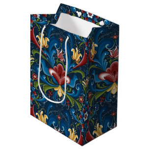 Sacola Para Presentes Média Padrão de Arte Folclórica Escandinava Floral Azul