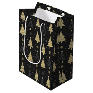 Sacola Para Presentes Média Padrão de Árvore de Natal Elegante Preto e Dourado