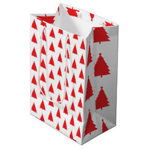 Sacola Para Presentes Média Padrão de Árvore de Natal Vermelha em Branco