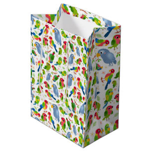 Sacola Para Presentes Média Padrão de Aves Vintage, Padrão de periquito colori