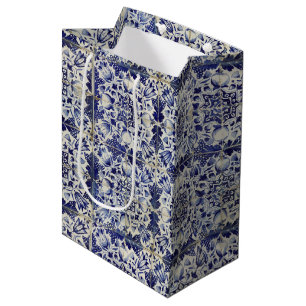 Sacola Para Presentes Média Padrão de Azulejo Branco Geométrico Azul Vintage