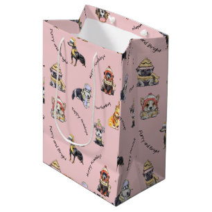 Sacola Para Presentes Média Padrão de Cães de Natal Rosa E Bonitos Ilustrado
