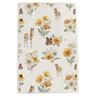 Sacola Para Presentes Média Padrão de cavalo e borboleta de flores silvestres