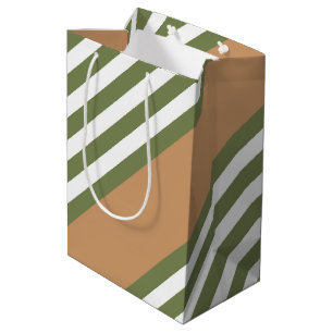 Sacola Para Presentes Média Padrão de cinco faixas, verde-oliva e branco, com 