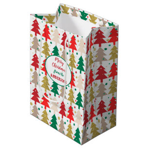 Sacola Para Presentes Média Padrão de Círculos de Árvore de Natal Dourado Verd