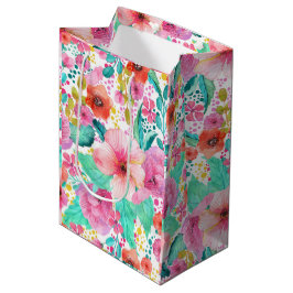 Sacola Para Presentes Média Padrão de Colagem Floral Colorida por Aquarela