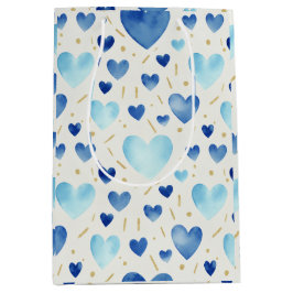 Sacola Para Presentes Média Padrão de Corações com Aquarela Azul e Brilho Dour