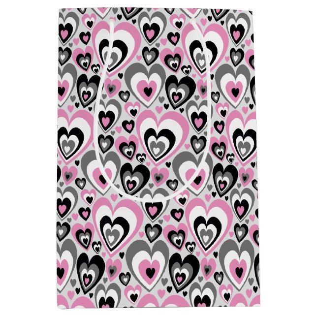Sacola Para Presentes Média Padrão de Corações Preto Cinza Rosa. Saco de Prese (Frente)
