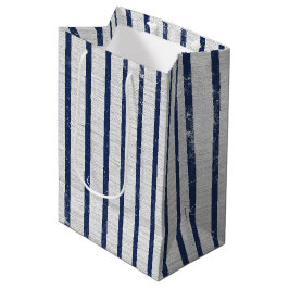 Sacola Para Presentes Média Padrão de Faixa Azul de Cinza Rústica & Marinho