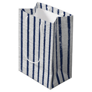 Sacola Para Presentes Média Padrão de Faixa Azul de Cinza Rústica & Marinho