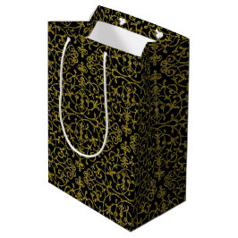 Sacola Para Presentes Média Padrão de Filigrana Preto e Dourado Elegante