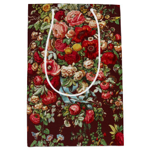 Sacola Para Presentes Média Padrão de Fita Floral Rosa Vitoriana Borgonha Escu